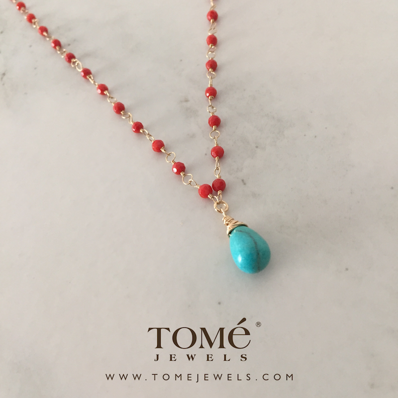 Collar Coral Rojo Facetado y Turquesa