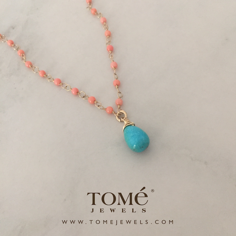 Collar Coral Rosa Liso y Turquesa